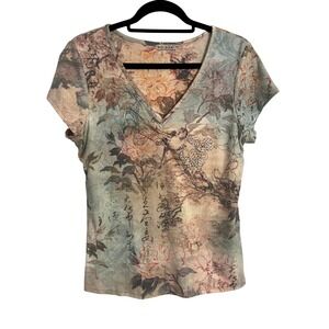 VTG Y2K V-Neck Short Sleeve Rhinestone Bling‎ Floral Fairy XCIT USA T-Shirt XL